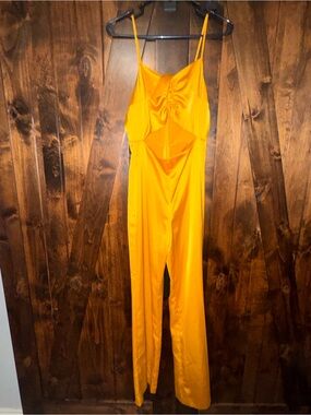 bebe Golden Yellow Satin Cutout Jumpsuit with Spaghetti Straps